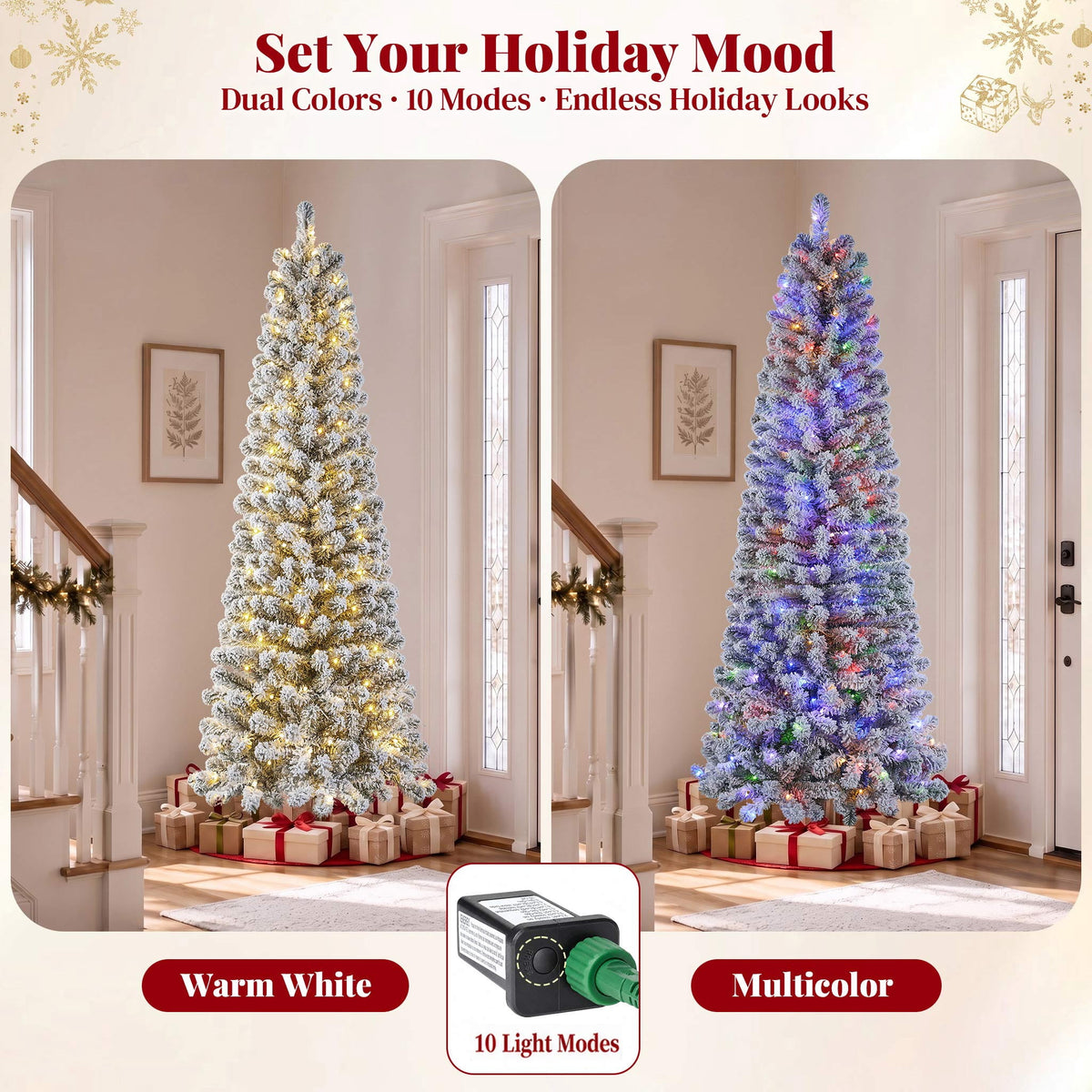 Goosiay 6ft Snow Flocked Pencil Christmas Tree, Pre-Lit Artificial Christmas Tree with 500 Tips, 250 Warm White & Multicolor Lights, 10 Modes, Slim Xmas Tree with Stand