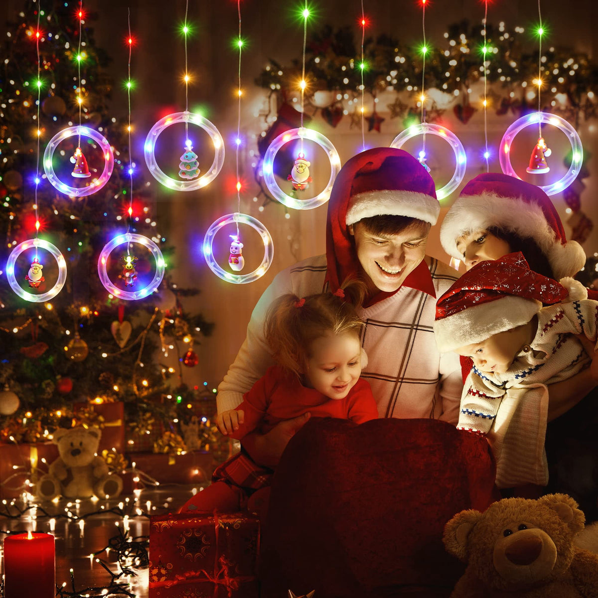 WILLED Christmas String Lights, 120 LED Window Curtain Lights with Christmas Ornaments, 9.8ft USB Powered Warm White Waterproof Fairy Lights Indoor Outdoor for Xmas Tree Patio Garden Party Home Decor