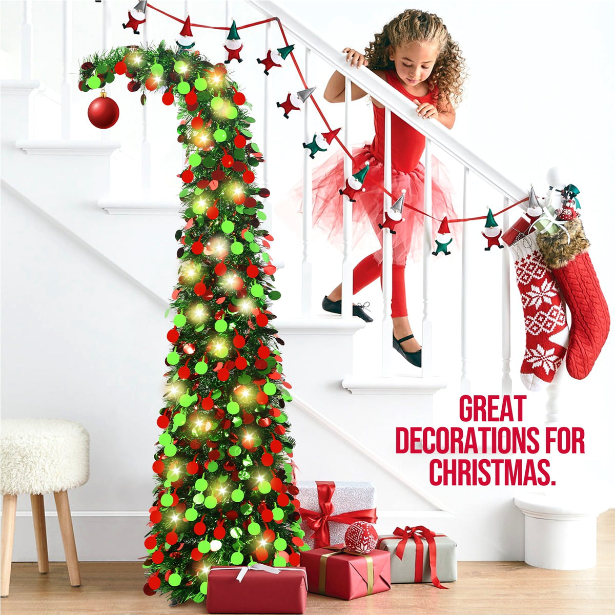 Ayieyill 5ft Pop up Christmas Tree,Color Artificial Pencil Tinsel Xmas Trees for Christmas Indoor Decorations, Collapsible Christmas Tree (Silver)