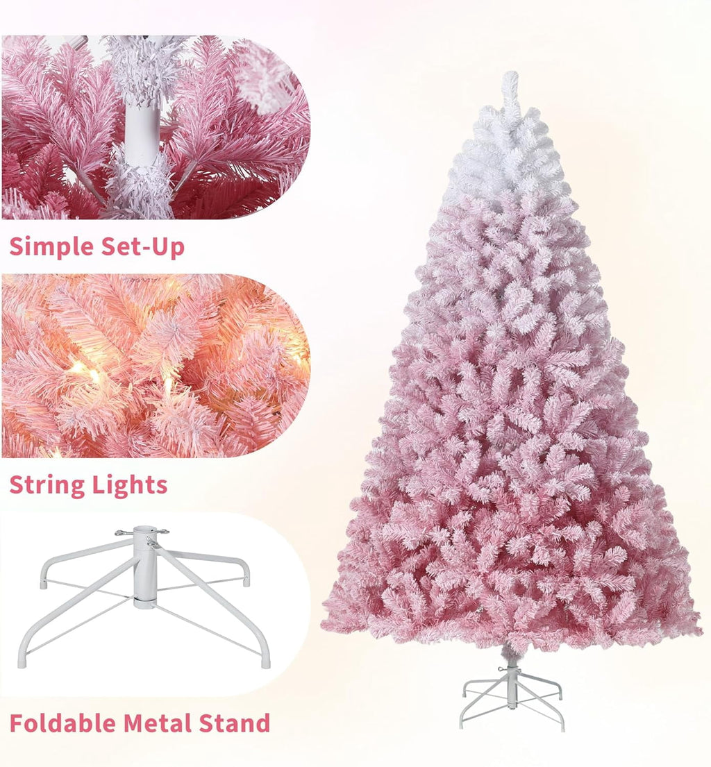 4.5/6/7.5/9/12 ft Artificial Christmas Tree with Warm White LED Lights, Pink Gradient Snow Frosted Xmas Tree for Holiday Decoration with 300 Realistic Branch Tips & Metal Stand