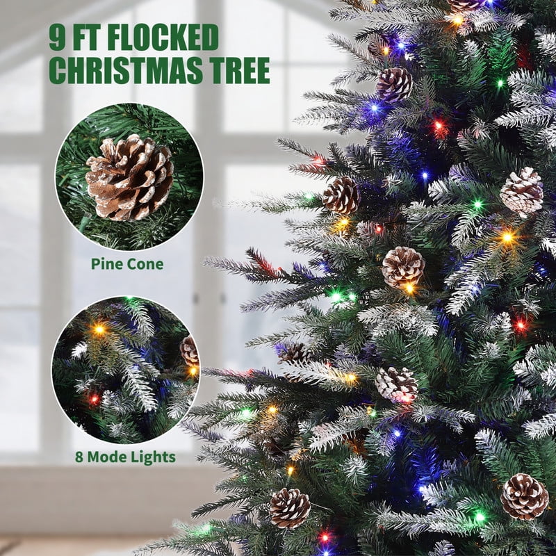 JoanKaren 7.5' Pre-Lit Green Artificial Christmas Tree,Metal Stand Full Xmas Tree with 600 Multicolor Lights