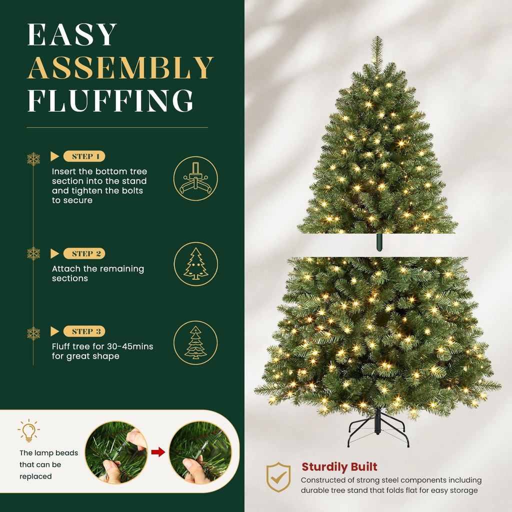 Lolsea 7ft Pre-Lit Premium Artificial Hinged Christmas Tree w/ Warm White Lights, Perfect Choice for Xmas Decoration
