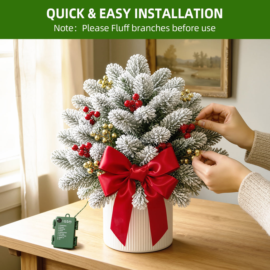 2PK Prelit Outdoor Christmas Trees Christmas Urn Pot Filler Snow Flocked Lighted Christmas Trees with 100 LED Warm White/Colorful Lights Timer 8 Modes for Front Door Porch Christmas Decoration