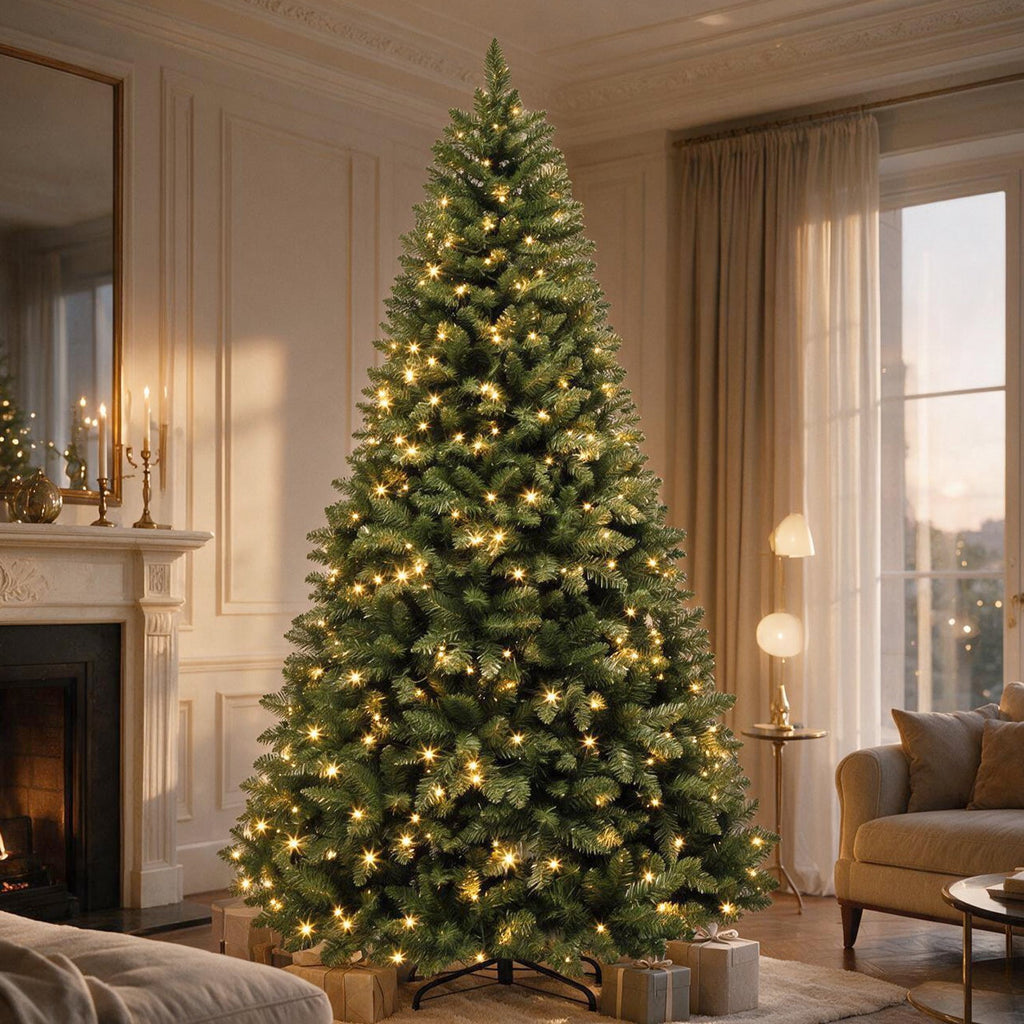 VIVATREES 6ft Pre-lit Artificial Christmas Tree 760 Hinged Branch Tips with 230 LED White Warm Lights Foldable Metal Base