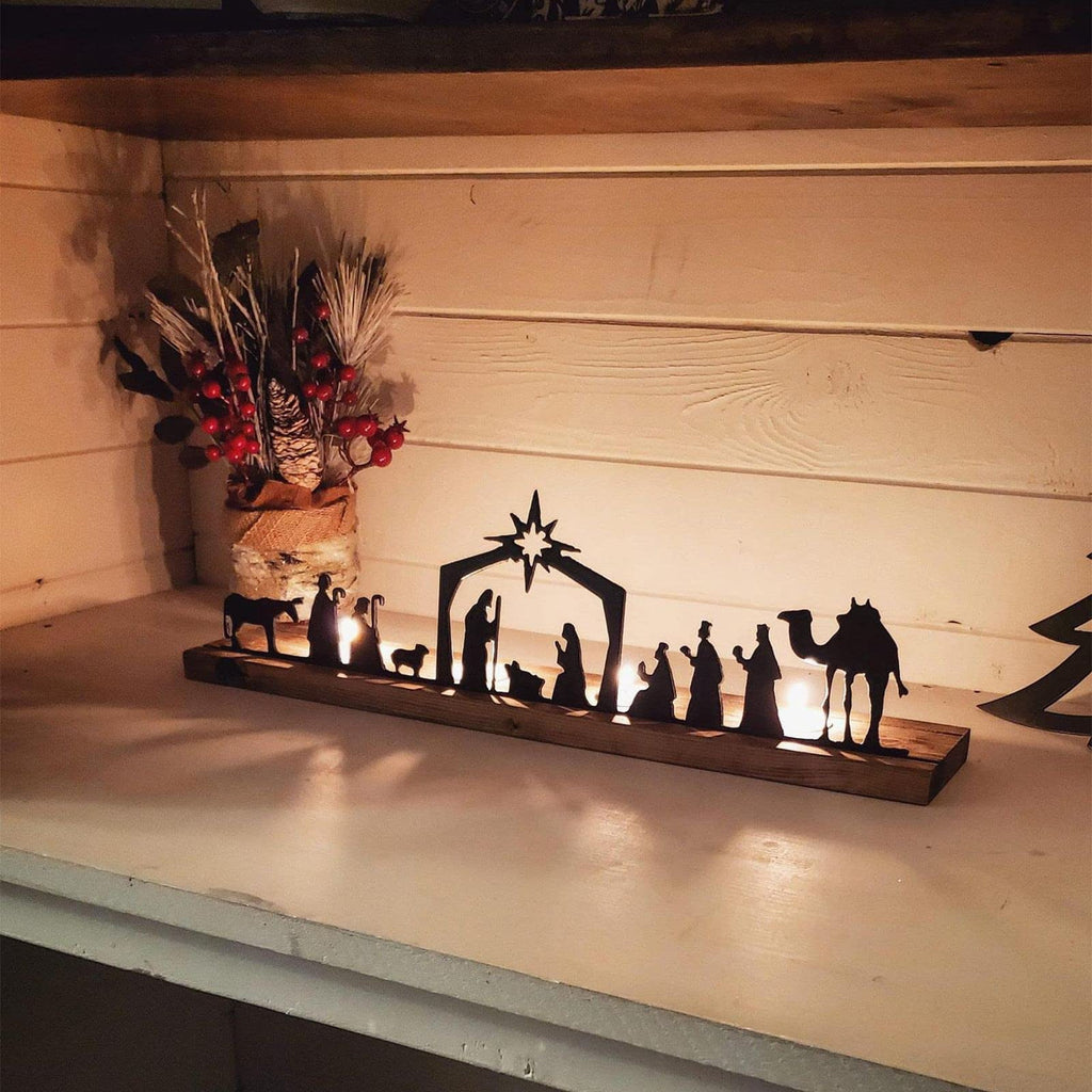 ADruer Nativity Sets for Christmas Indoor Decor Black Metal Nativity Scene with Wooden Base Little People Nativity Set for Christmas Winter Holiday Table Decor