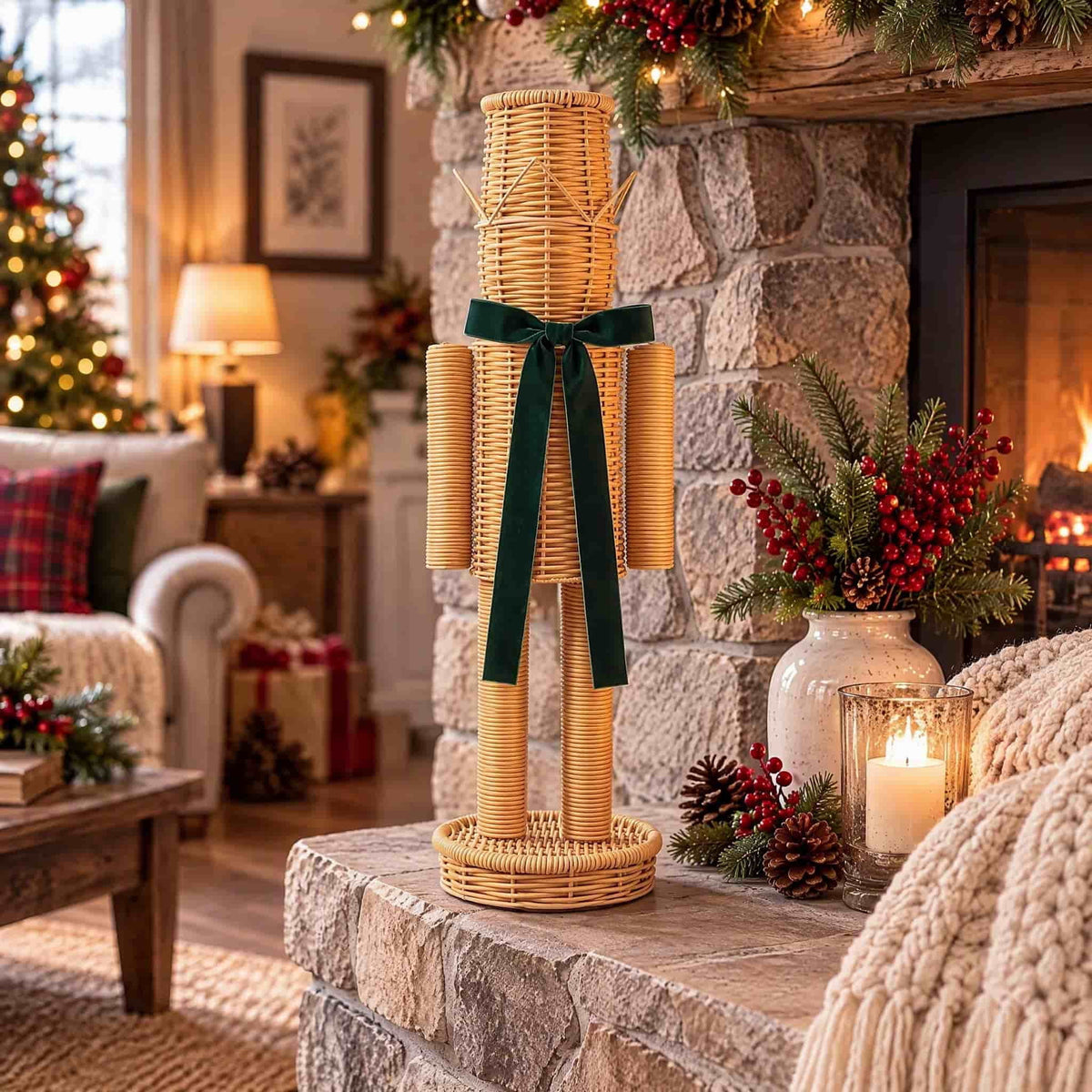 15.74 Inch Rattan Nutcracker Christmas Decor, Woven Look Resin Nutcracker Figurine With Green Velvet Bow, Freestanding Christmas Soldier Decoration For Mantel Shelf Entryway