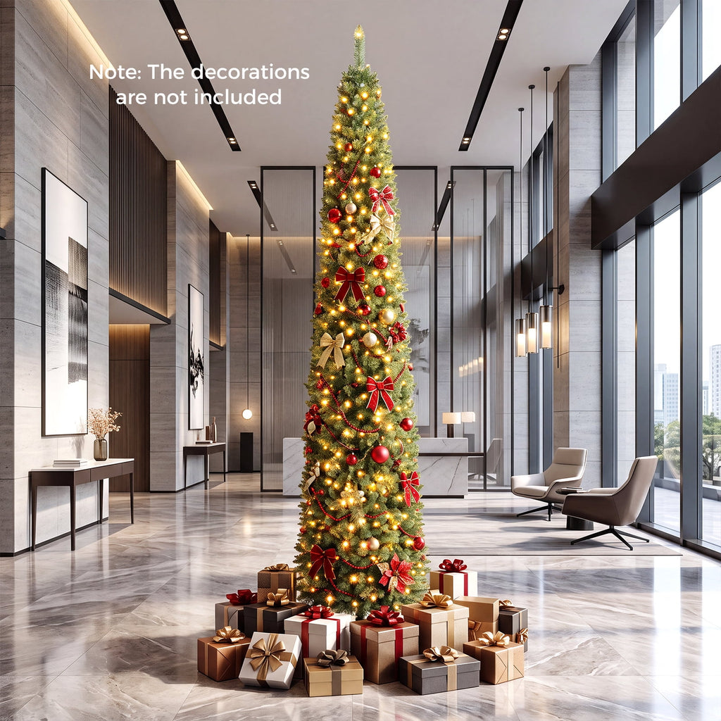 Gymax 9 FT Pre-Lit Artificial Christmas Tree Realistic Slim Pencil Xmas Tree