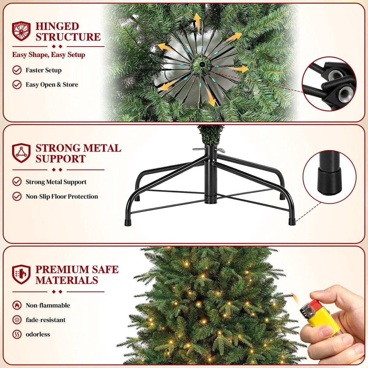 Goosiay 6ft Pre-Lit Christmas Tree, Artificial Aspen Fir Xmas Tree with 1300 PE PVC Branch Tips & Folding Metal Stand, Festive Decoration Tree for Home, Office & Carnival, Green