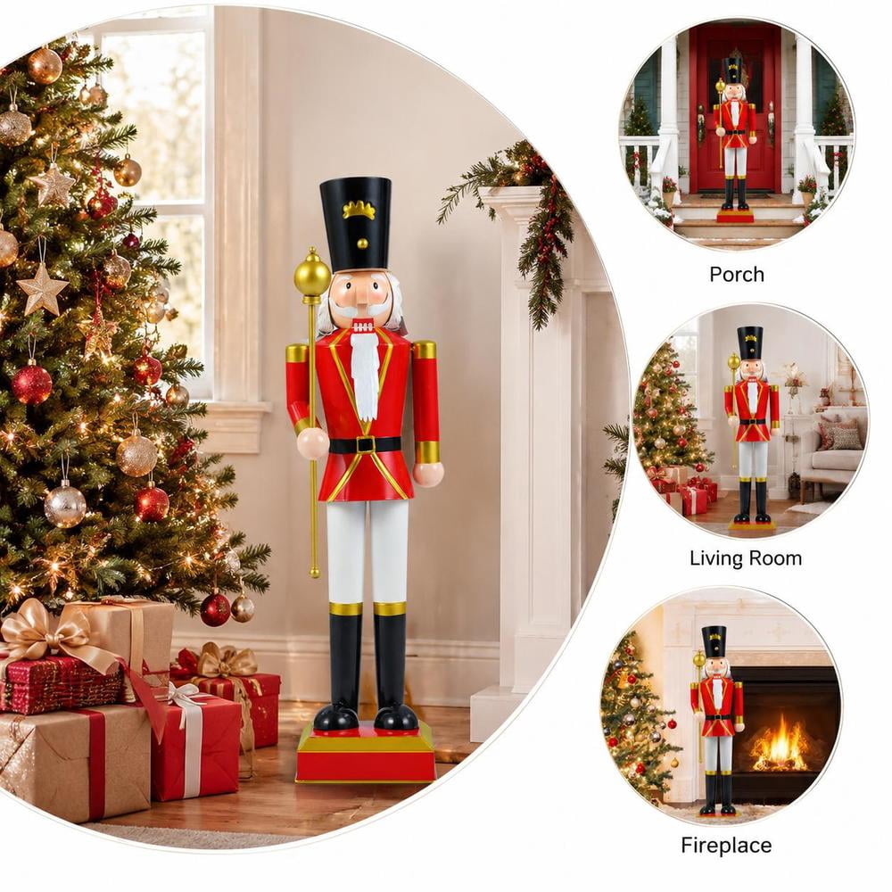 Christmas Nutcracker Decor, 32.5 Inch, with High Hat, Scepter, Metal Frame, Storage Compartment, Black & Red