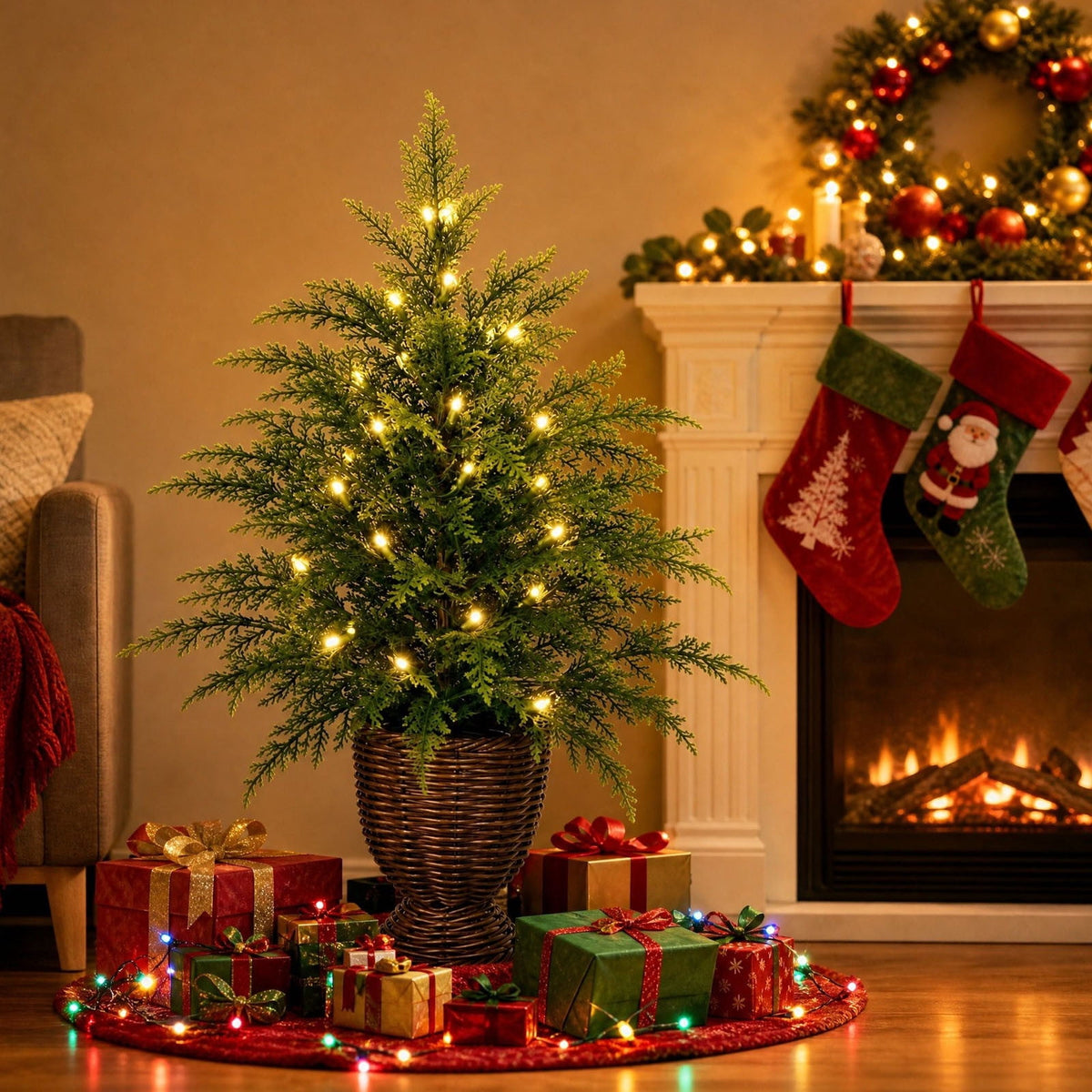 2.95 FT Premium Artificial Christmas Trees, Arbol de Navidad con luces Integradas, Artificial Christmas Tree Dense Needles, Pre-lit Christmas Trees with Lights for Holiday, Party(B)