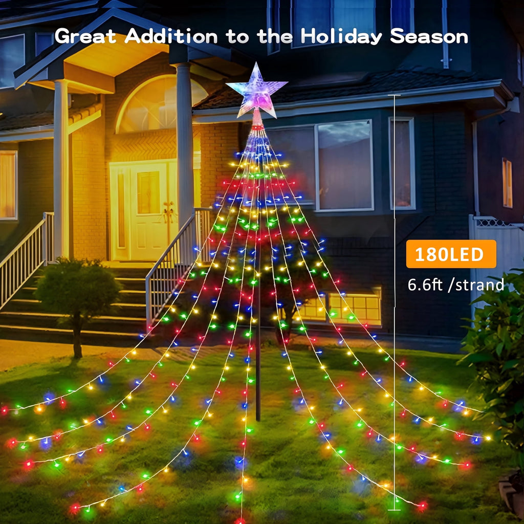 PMMIPNW Christmas Tree Lights Plug in 180LED, 8 Modes Christmas String Light with Topper Star, Waterfall Xmas Tree Lights with Timer for 6ft - 8ft Tree Wall Decoration (Multicolor)