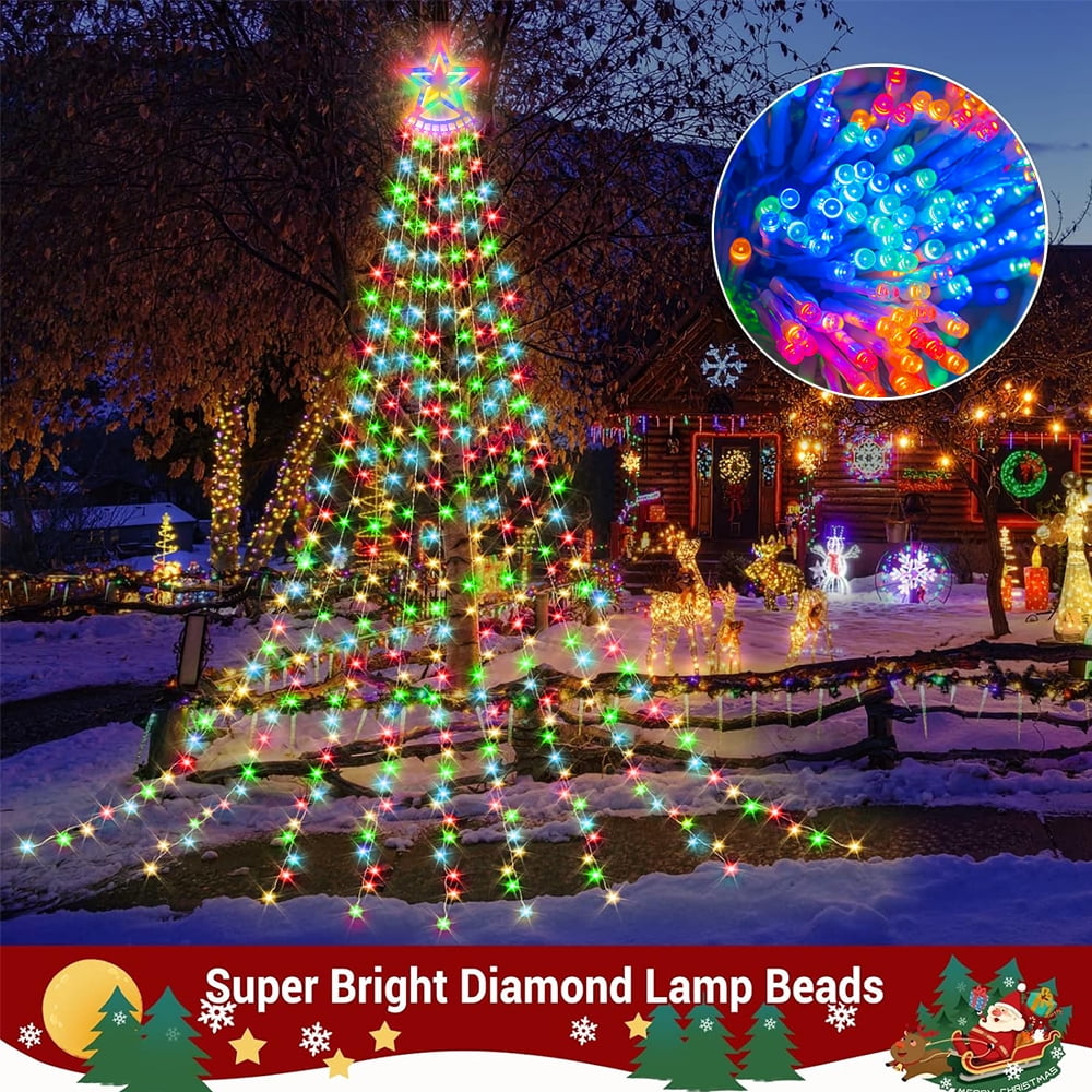 Christmas Lights with Star, 350 LED 25.8FT Star Waterfall String Christmas Fairy Lights with 8 Modes for Outdoor & Indoor Decoration, Multicolor
