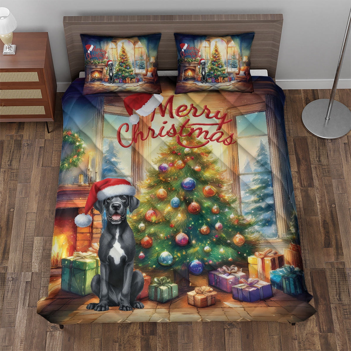 Merry Christmas French Bulldog Santa Hat Xmas Tree Winter Holiday Quilt Bedding Set Dog Lover Gifts 1 Blanket Bed Cover 2 Pillowcases - 01013
