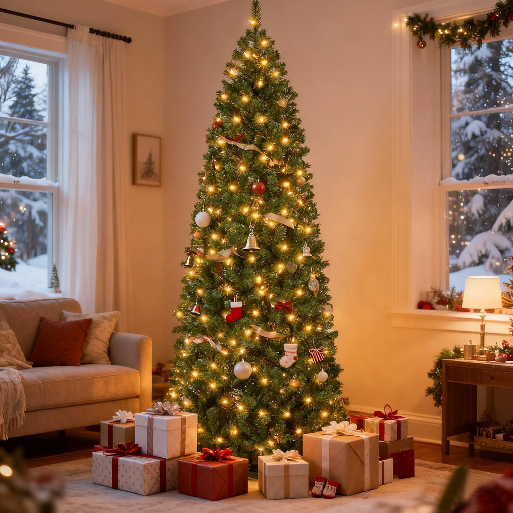 9ft Pre-Lit Slim Artificial Christmas Tree, Hinged Xmas Tree with Hinged Structure & Metal Stand for Home, Shops and Holiday Decoration