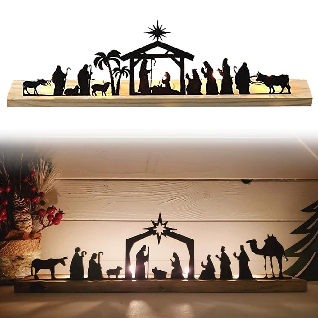 ADruer Nativity Sets for Christmas Indoor Decor Black Metal Nativity Scene with Wooden Base Little People Nativity Set for Christmas Winter Holiday Table Decor
