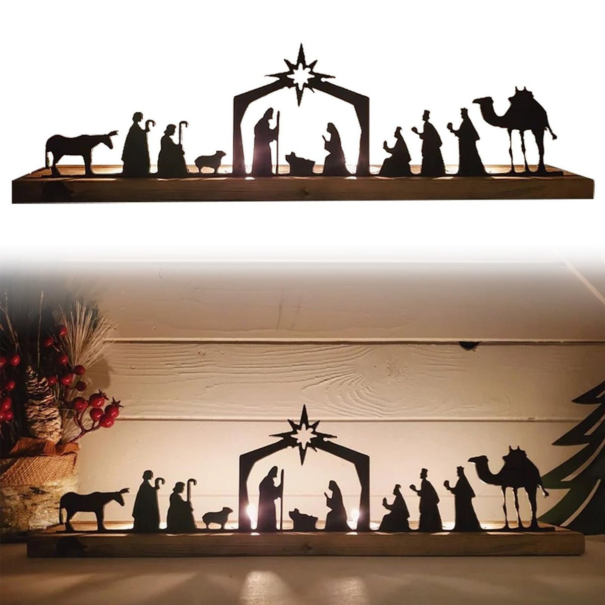 ADruer Nativity Sets for Christmas Indoor Decor Black Metal Nativity Scene with Wooden Base Little People Nativity Set for Christmas Winter Holiday Table Decor