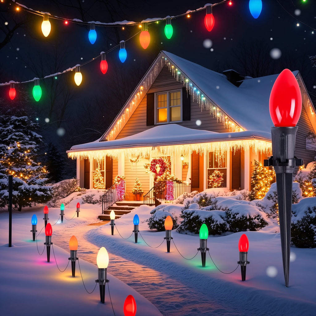 ALLJOY 2 Pack Total 51.5 Ft 40 Bulbs C9 Christmas Pathway Lights with Stakes, Outdoor Christmas String Lights,Christmas Decorations for Yard Walkway Sidewalk, Halloween& Christmas Lights