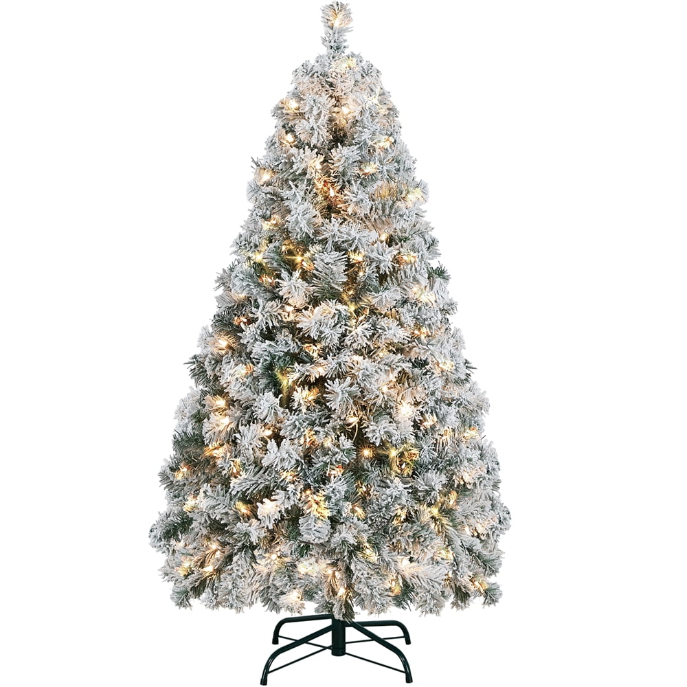 Alden Design 4.5 ft Pre-lit Flocked Christmas Tree with Warm Lights, Frosted White