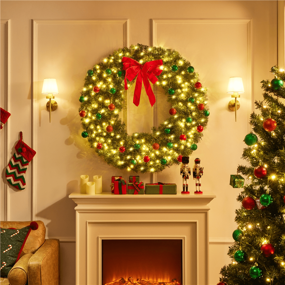 Alden Design 48in Pre-lit Fir Christmas Wreath for Door with 200 LED Lights & 720 Tips, Green