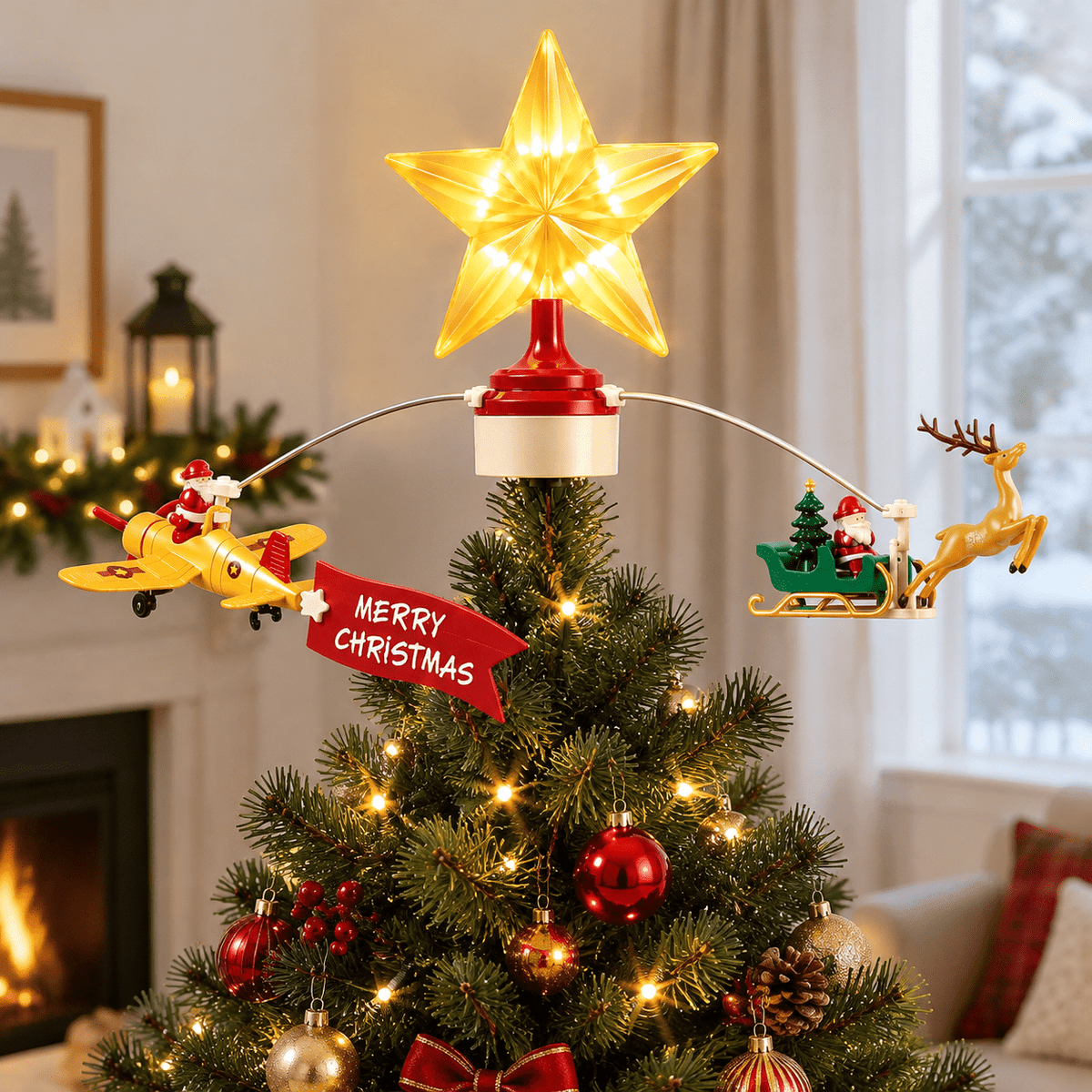 Animated Christmas Tree Topper with Lighted Star, Rotating Santa Sleigh, Airplane, Music, and Screw-Clamp Mount
