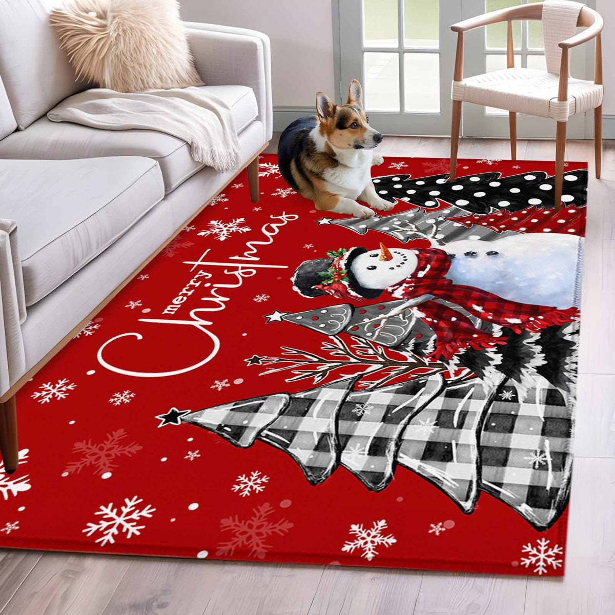 Area Rug 4x6 Ft, Red Christmas Non Slip Area Rugs for Bedroom, Xmas Snowman Snowflake Tree Black Grey Washable Low Pile Indoor Throw Carpet for Home Office Study Room Dining Room Nursery