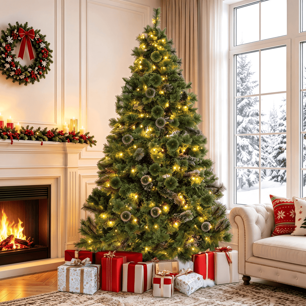 Arlopu 9FT Pre-lit Artificial Christmas Tree with 1300 Branches/500 Warm Lights/Metal Stand, PVC&PE Cashmere Hinged Xmas Tree, Fluffy Snow Flocked Pine Tree for Home Holiday Party Decor