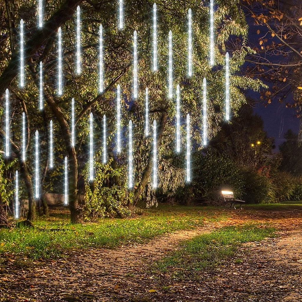 Morttic Christmas Light, Meteor Shower Rain Lights 12 Inch 8 Tubes, Waterproof Plug in Falling Rain Lights Christmas Decorations for Xmas Bushes Tree Yard Party Outdoor Decor (Cool White)