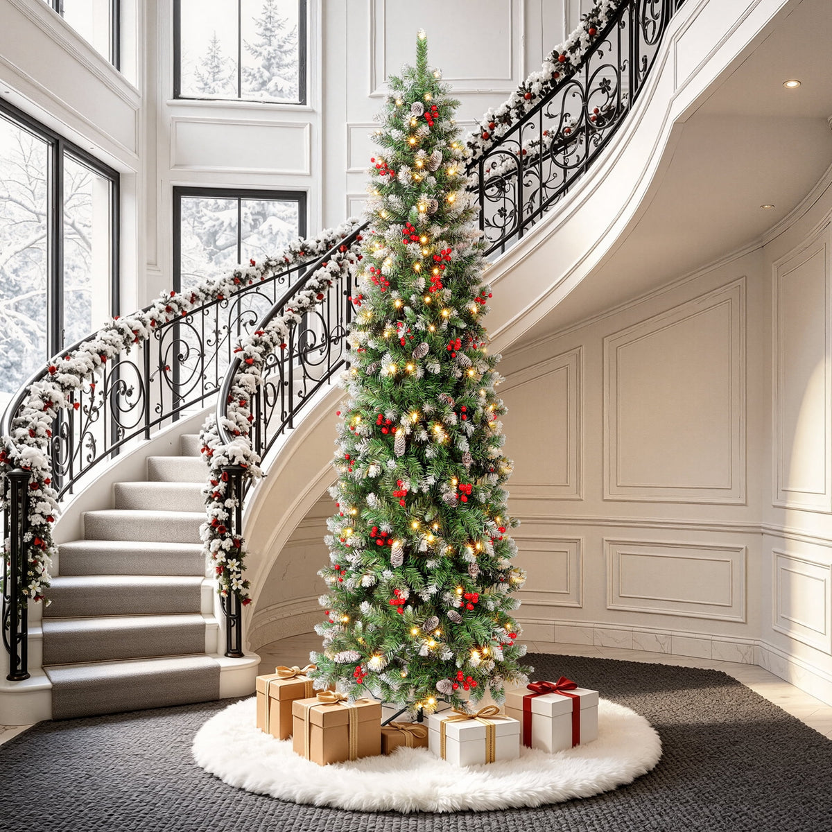 Aufeile 6ft Pencil Christmas Tree, Slim Pre-Lit Xmas Tree, 200 LED Lights, 600 Hinged Tips, Pine Cones, Berries, Metal Stand