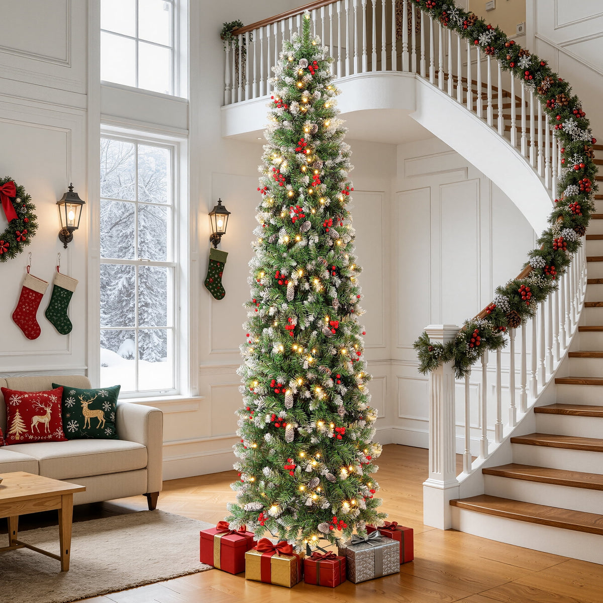 Aufeile 6ft Pencil Christmas Tree, Slim Pre-Lit Xmas Tree, 200 LED Lights, 600 Hinged Tips, Pine Cones, Berries, Metal Stand