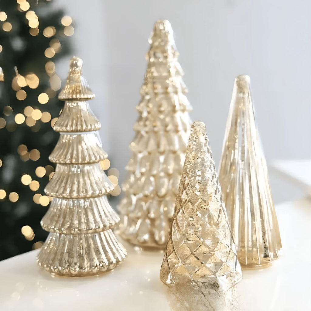 BESTSKY 2026 New Mercury Glass Christmas Tree with Led Lights,5Pcs Illuminated Mercury Glass Trees,Battery Operated,Mercury Glass Christmas Tree Set for Xmas Home Party Centerpiece Mantel Gift 5 Pcs