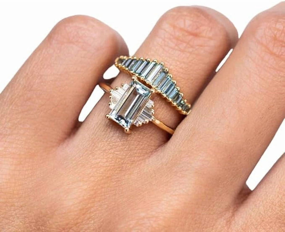 Baguette CZ Ring, Natural Aquamarine Cocktail Ring, Aquamarine Gemstone Ring, March Birthstone, Womens Ring, Wedding Ring, Gift For Her, Christmas Ring, Solitaire, Yellow Gold Micron Ring