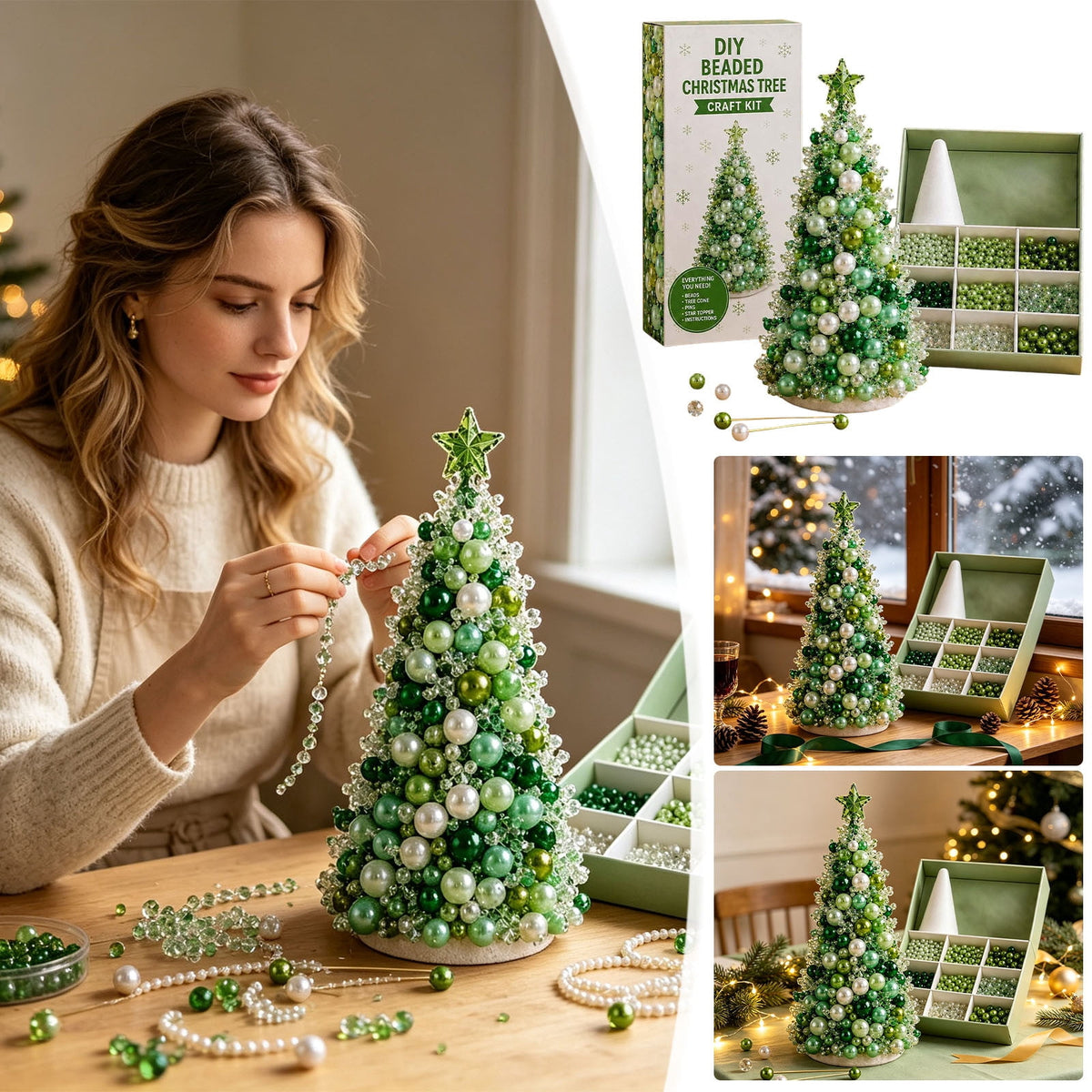 DIY Beaded Christmas Tree Kit - Handmade Mini Tabletop Xmas Tree with Santa Topper, Built-In Warm Lights, Holiday Decor Craft Gift for Adults