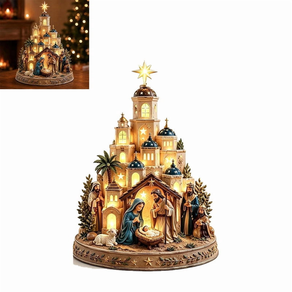 Bethlehem Nativity Church Light Tower, Lighted Nativity Scene Tabletop, Lighted Village Decoration with Star Accent Scene for Tabletop Home Display