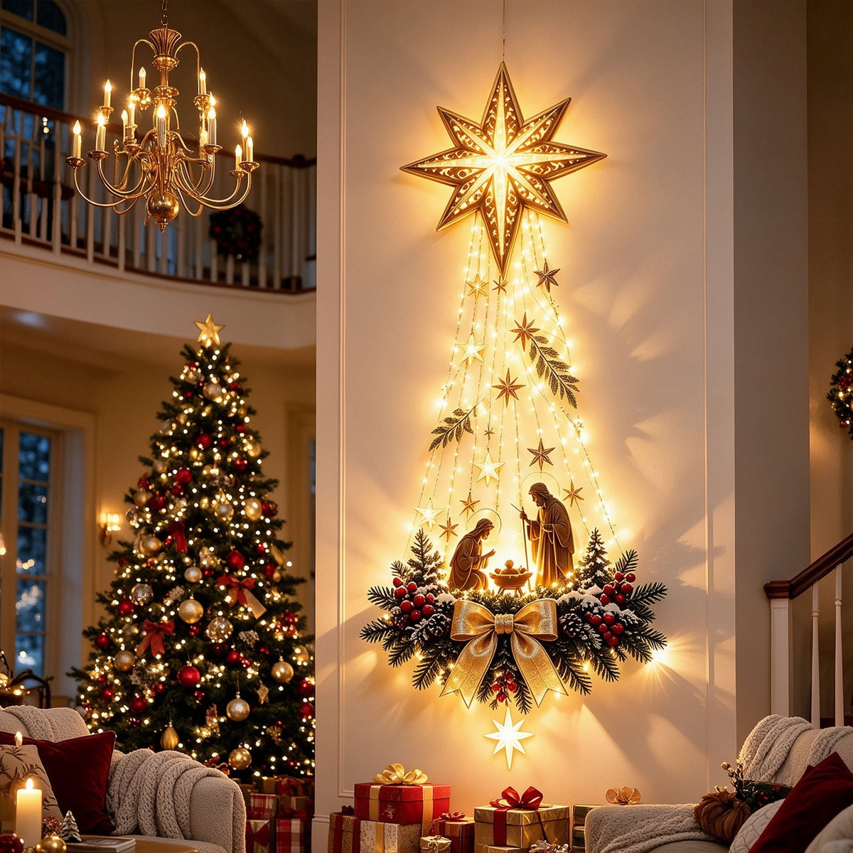 Bethlehem Star of Faith Lighted Nativity Wall Decor, Warm LED Christmas Hanging, Gold, Indoor Outdoor, Meaningful Holiday Gift B
