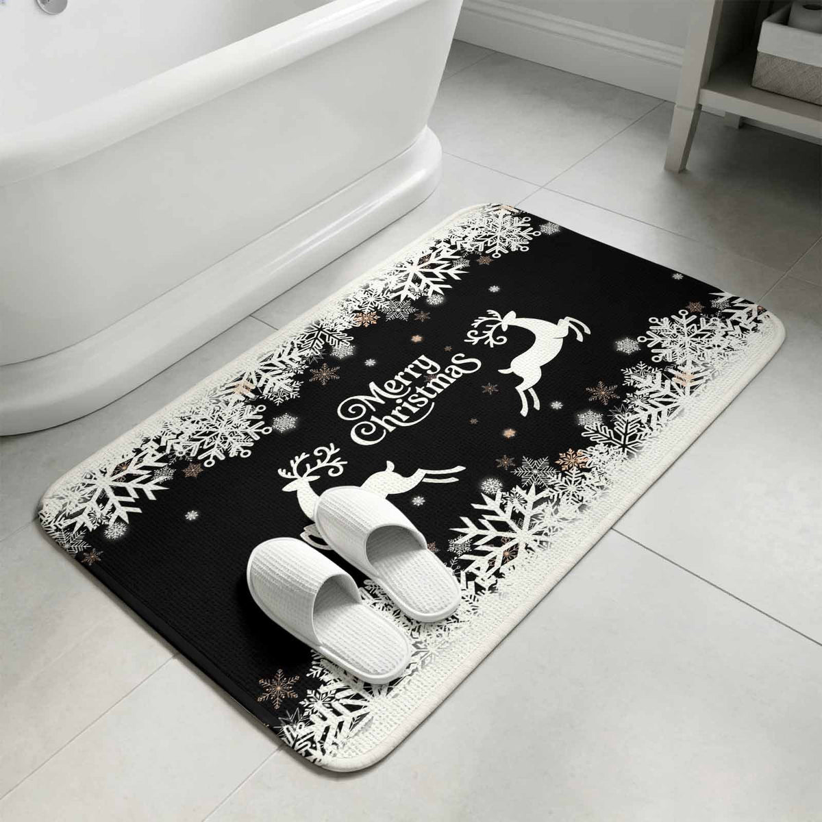 Black Christmas Washable Area Rugs for Living Room Bedroom, Large Non Slip Indoor Floor Carpet Absorbent Low Pile Elk Xmas Snowflake Winter Deer Door Mat Rugs for Bathroom Entryway 47.2"x63"