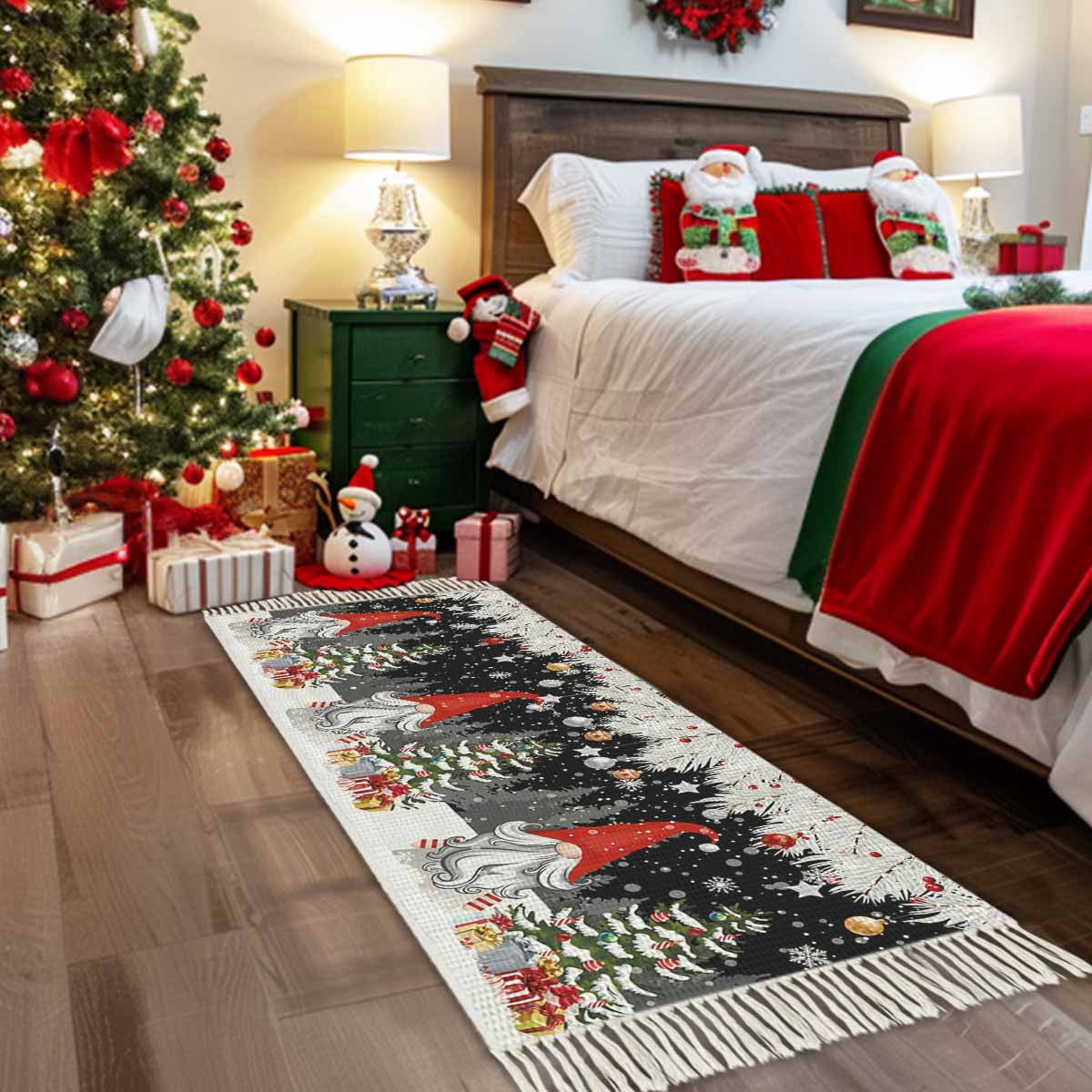 Grey Red Christmas Large Area Rug 4x6ft Woven Runner Rug,Snowflake Gnomes Xmas Tree Winter Gifts Living Room Bedroom Kitchen Bathroom Classroom Carpet with Tassels,Indoor Outdoor Throw Door Mat