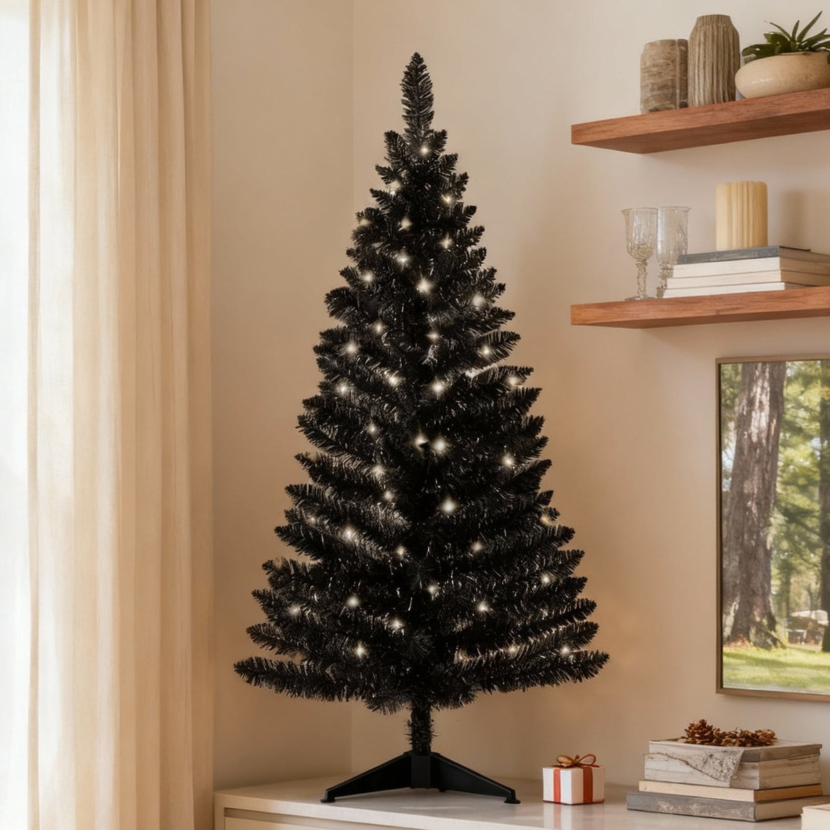 Bringstar 4FT Silver Artificial Christmas Tree with 50 String Lights, Mini Tinsel Tree, Not Pre-Lit, for Halloween & Holiday Home & Office Décor
