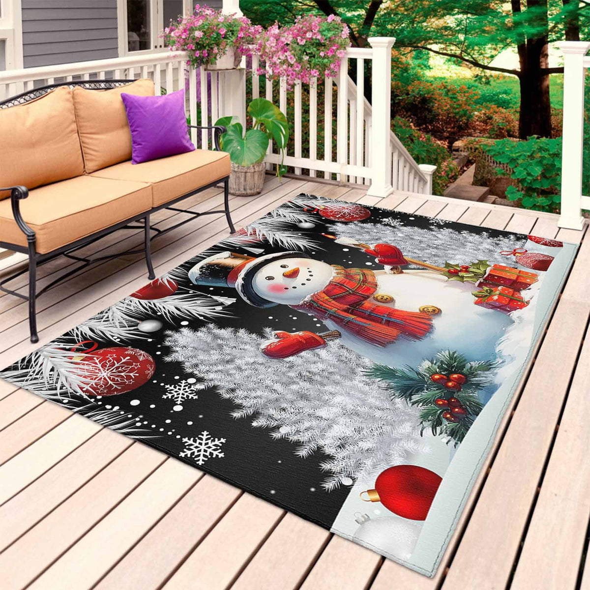 Grey Snowman Christmas Outdoor Rug for Patio/Deck/Porch, Non-Slip Large Area Rug 4 x 6 Ft, Xmas Tree Red Balls Snowflake Indoor Outdoor Rugs Washable Area Rugs, Reversible Camping Rug Carpet Runner