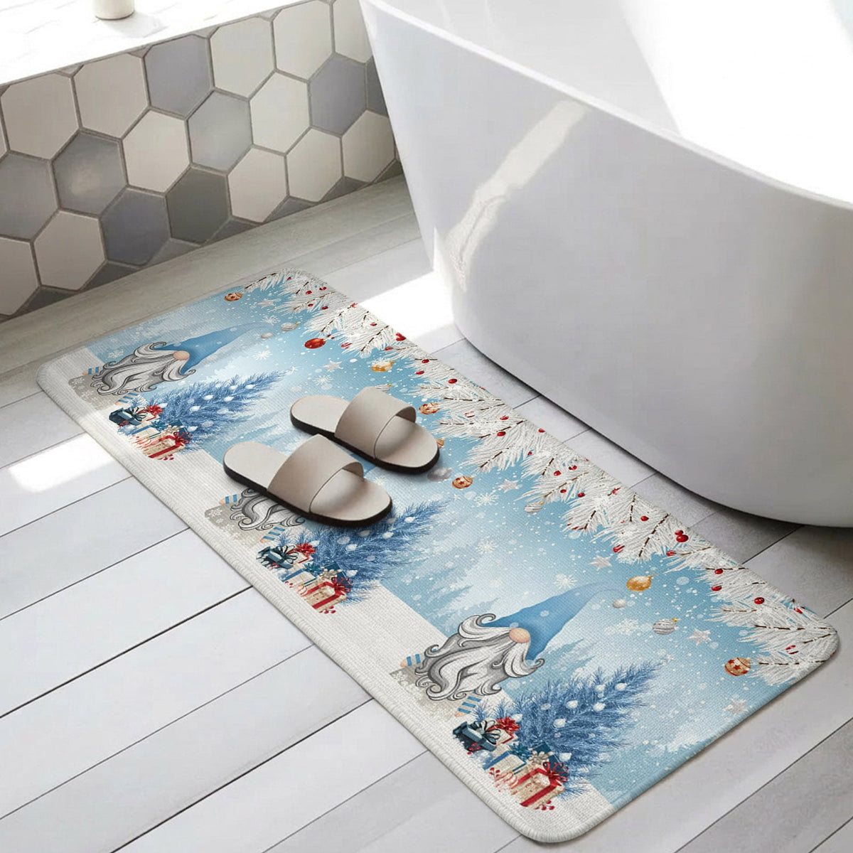 Pink Gnomes Christmas Washable Area Rugs for Living Room Bedroom, Large Non Slip Indoor Floor Carpet Absorbent Xmas Tree Gifts Winter Snowflake Birds Door Mat Rugs for Bathroom Entryway 47.2"x63"