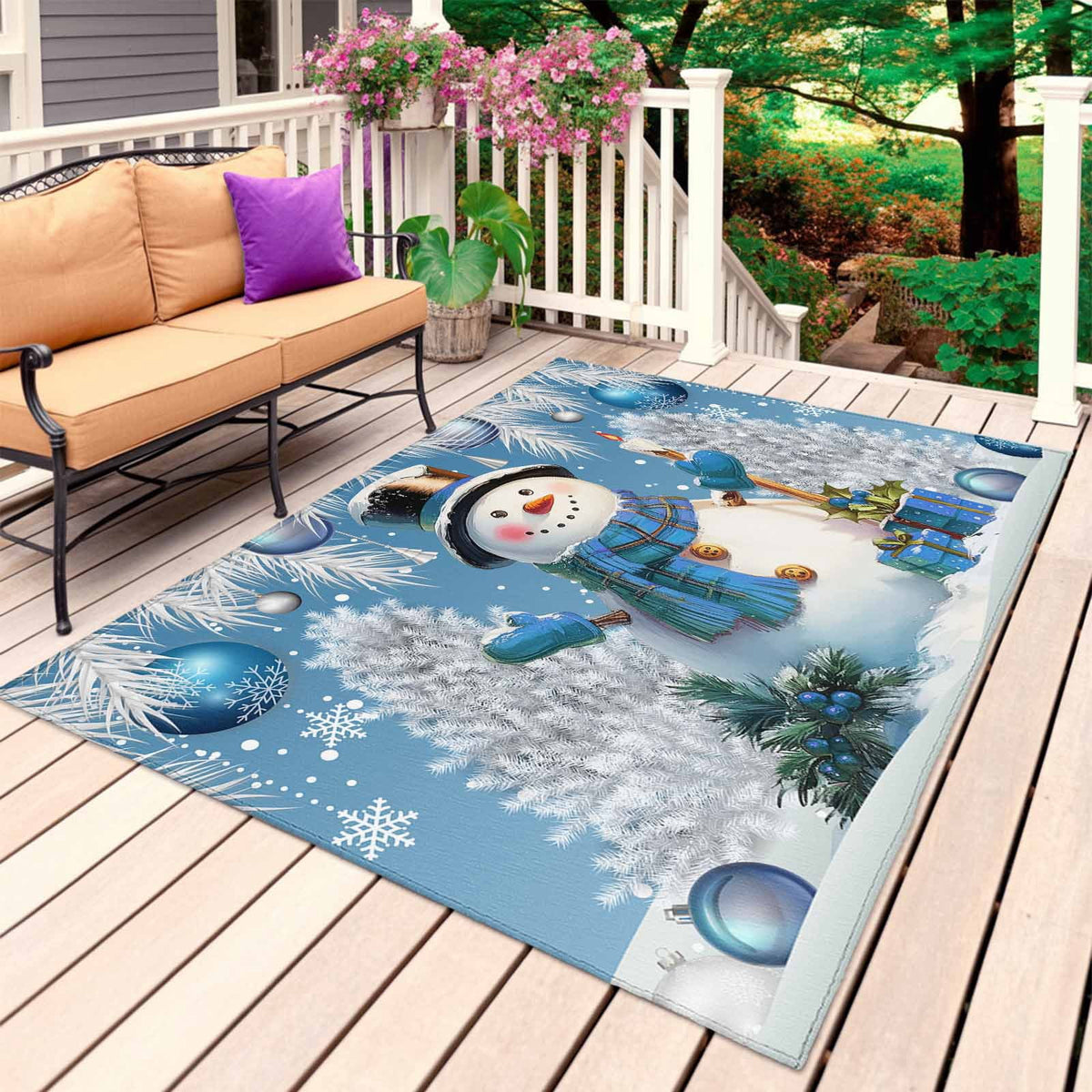 Grey Snowman Christmas Outdoor Rug for Patio/Deck/Porch, Non-Slip Large Area Rug 4 x 6 Ft, Xmas Tree Red Balls Snowflake Indoor Outdoor Rugs Washable Area Rugs, Reversible Camping Rug Carpet Runner