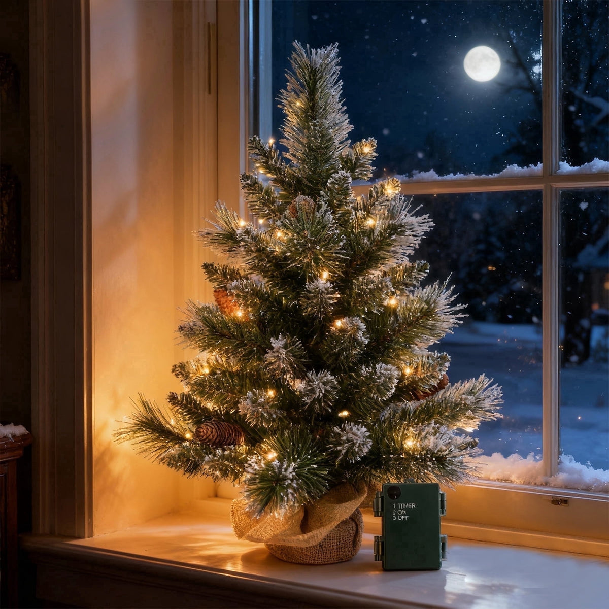Bringstar 2FT Pre-Lit Artificial Mini Christmas Tree, Snow Tipped Tabletop Xmas Tree with 35 LED Lights, Pine Cones & Burlap Base