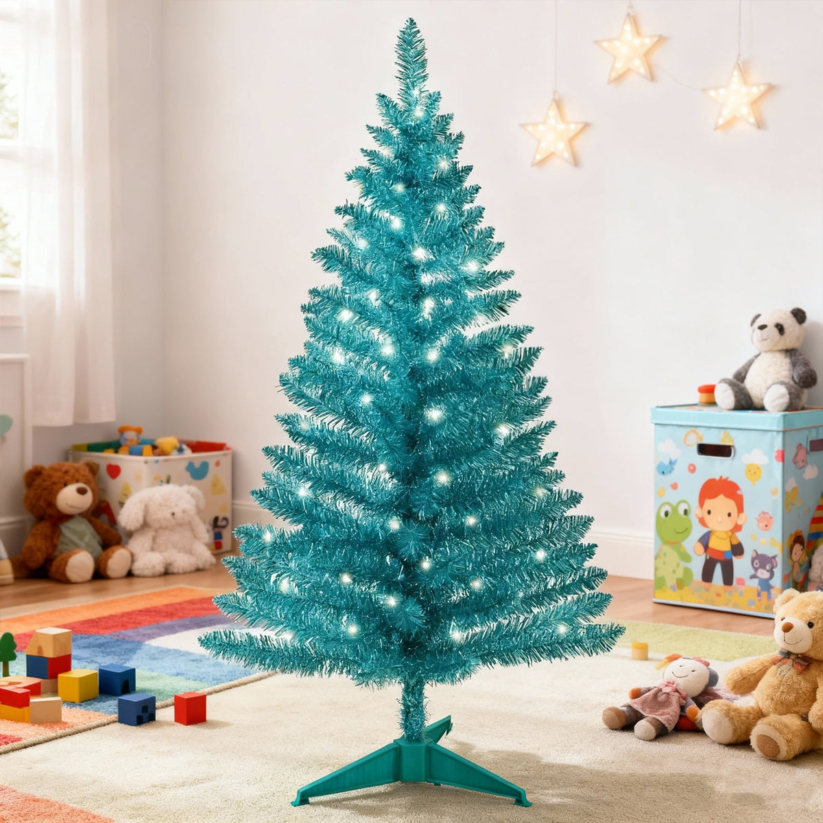 Bringstar 4FT Silver Artificial Christmas Tree with 50 String Lights, Mini Tinsel Tree, Not Pre-Lit, for Halloween & Holiday Home & Office Décor