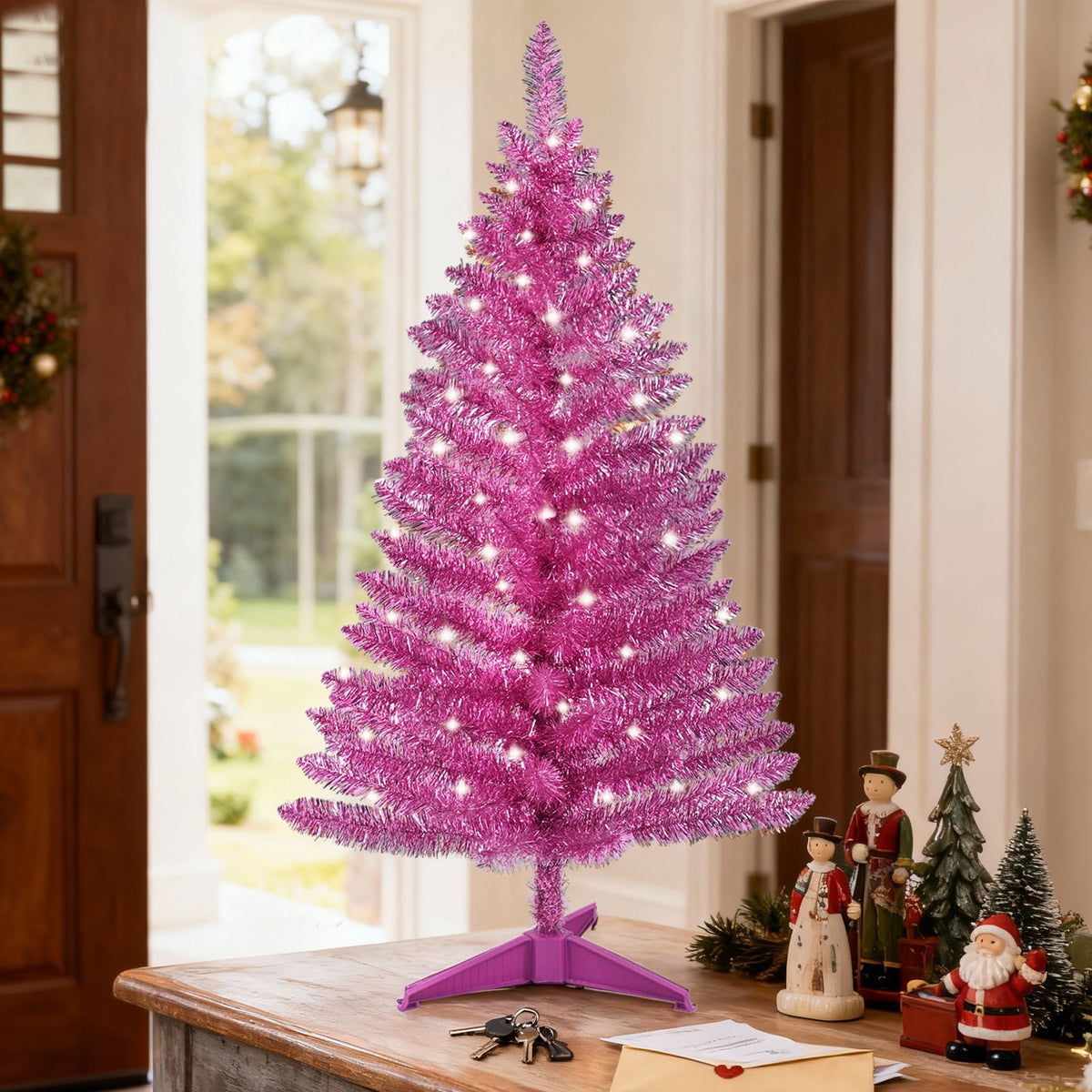Bringstar 4FT Silver Artificial Christmas Tree with 50 String Lights, Mini Tinsel Tree, Not Pre-Lit, for Halloween & Holiday Home & Office Décor
