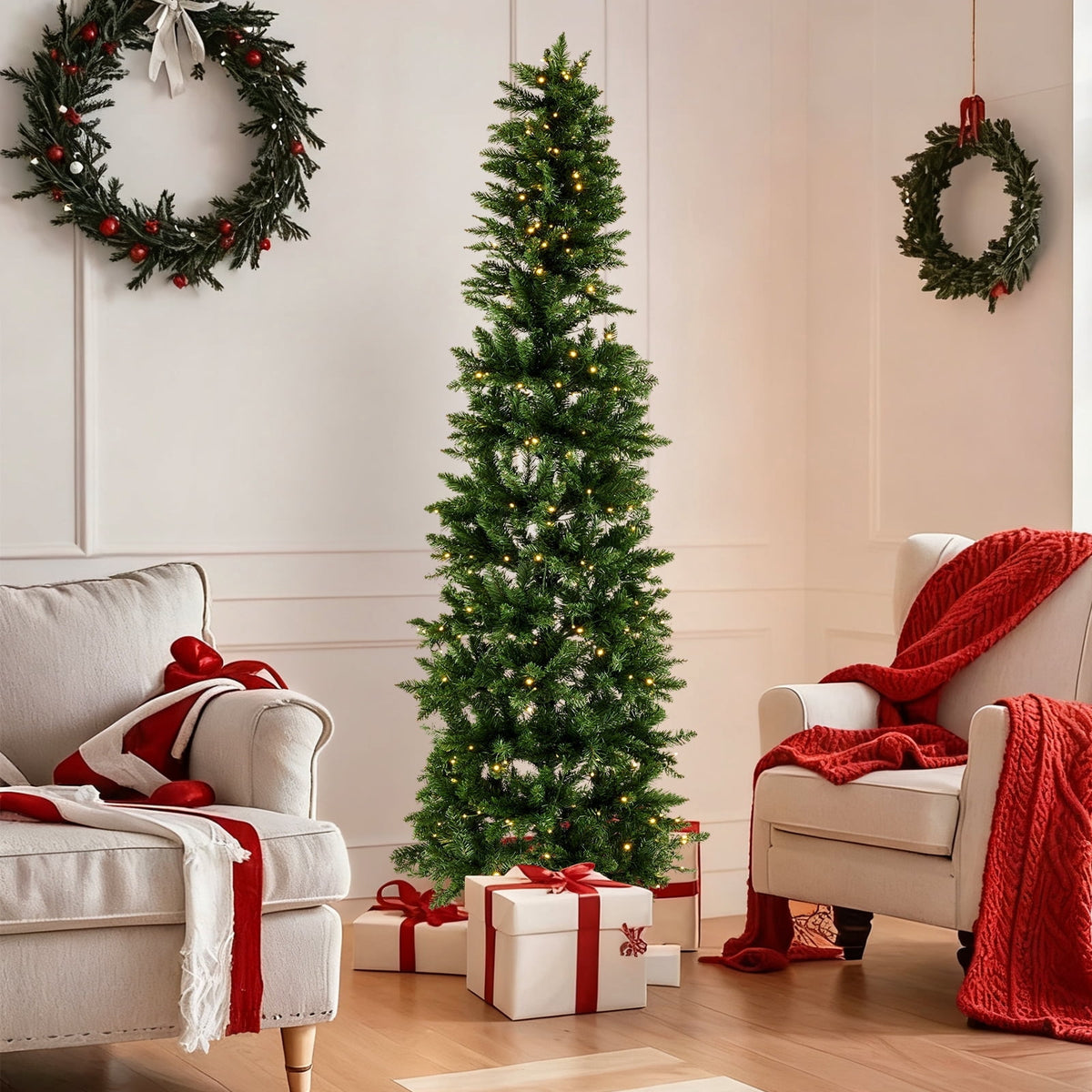 CONCETTA 4.5ft Pre-lit Pencil Christmas Tree, Artificial Slim Christmas Tree with 120 LED Lights and Solid Metal Stand,Green
