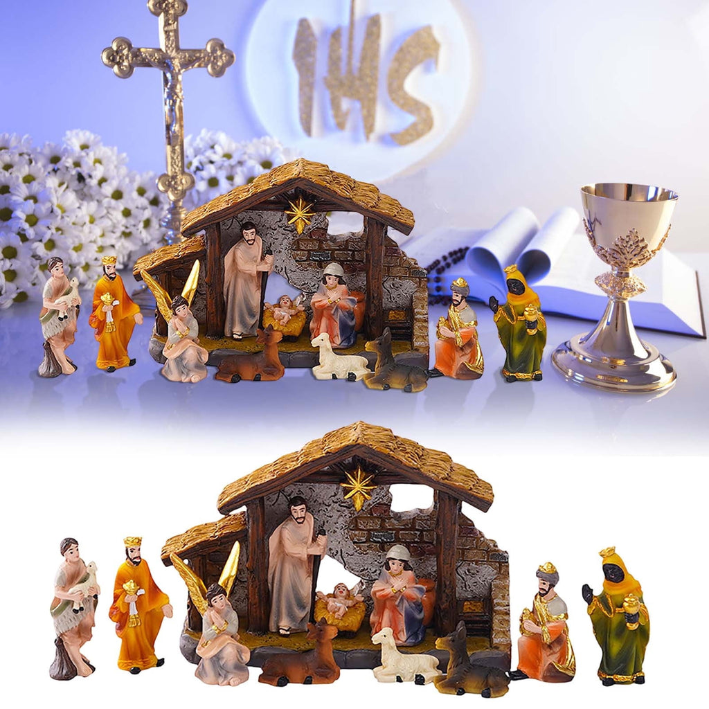 CaiYueKe Hand-Painted Nativity Scene Set, Resin Christmas Manger Ornaments Tabletop Decor, Religious Holiday Display for Home, Festive Christian Gift for Family