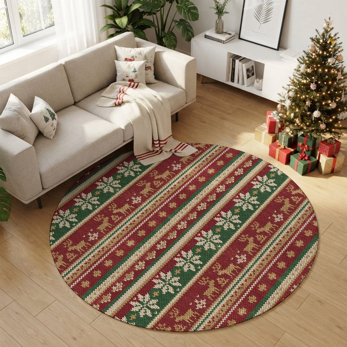 Christmas Washable Area Rug 5x7 Winter Farmhouse Red Green Snowflake Deer Striped Low-Profile Large Area Rugs with Non Slip Backing Indoor Floor Carpet for Entrance Living Room Bedroom Home Office