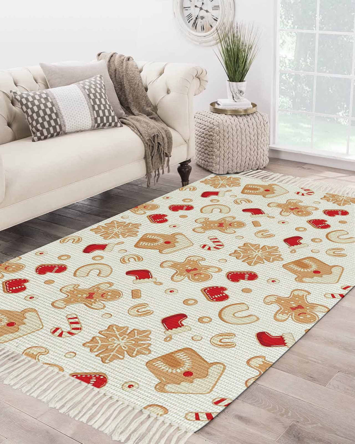 Christmas Area Rug 3x5ft Woven Runner Rug,Gingerbread Merry Xmas Snowflakes Holiday Washable Living Room Hallway Bedroom Kitchen Carpet with Tassels,Indoor Outdoor Throw Door Mat for Entryway