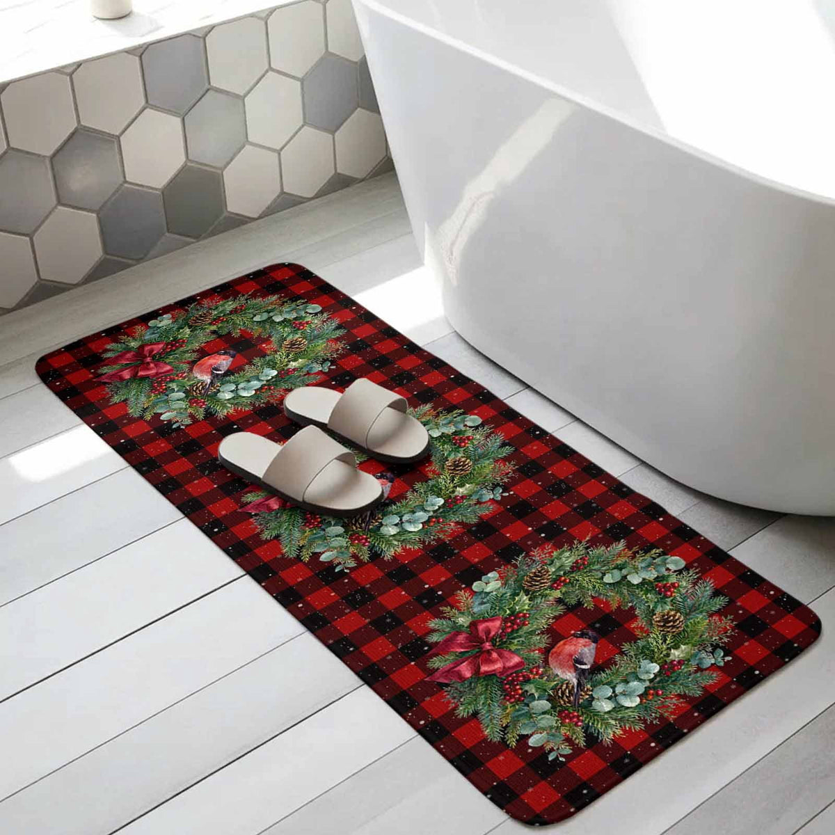 Christmas Snowflake Washable Area Rugs for Living Room Bedroom, Large Non Slip Indoor Floor Carpet Absorbent Low Pile Black Plaid Xmas Winter Rustic Door Mat Rugs for Bathroom Entryway 63"x78.7"