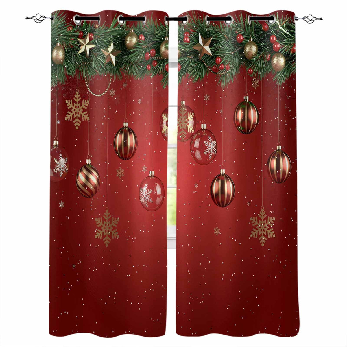 Christmas Blackout Curtains 84 Inches Long, Red Xmas Balls Pine Branches Snowflakes Winter Thermal Insulated Black Out Curtains, Darkening Window Curtain for Bedroom Living Room 52"x84" 2 Panels