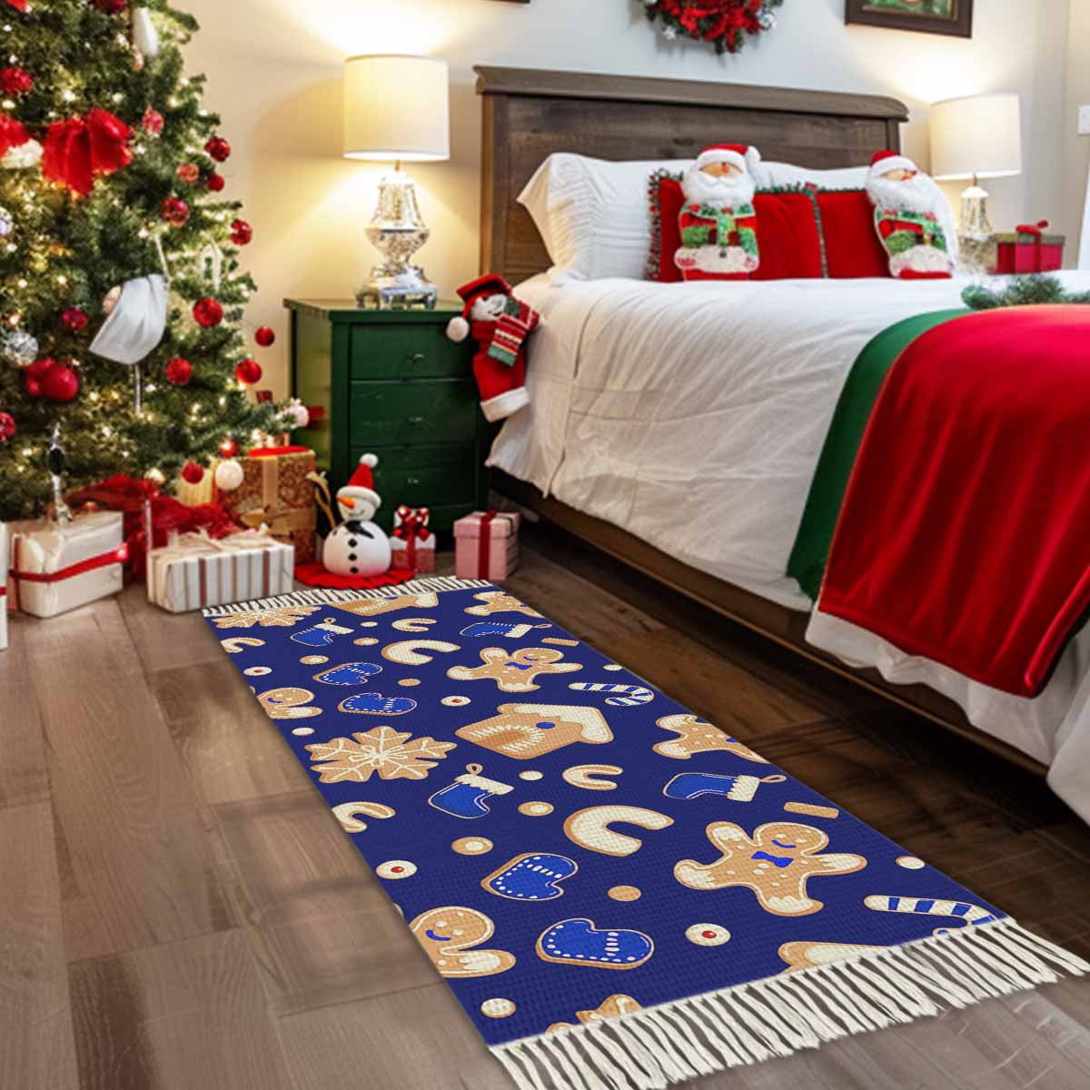Christmas Area Rug 3x5ft Woven Runner Rug,Gingerbread Merry Xmas Snowflakes Holiday Washable Living Room Hallway Bedroom Kitchen Carpet with Tassels,Indoor Outdoor Throw Door Mat for Entryway